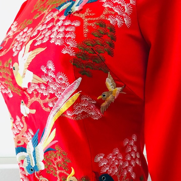 Heavily-EMBROIDERED Bird Theme CHINOISERIE Dress S - Picture 13 of 16